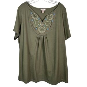 White Stag Muted Sage Green Embroidered Short Sleeve Relaxed Fit Top 2X 18W 20W